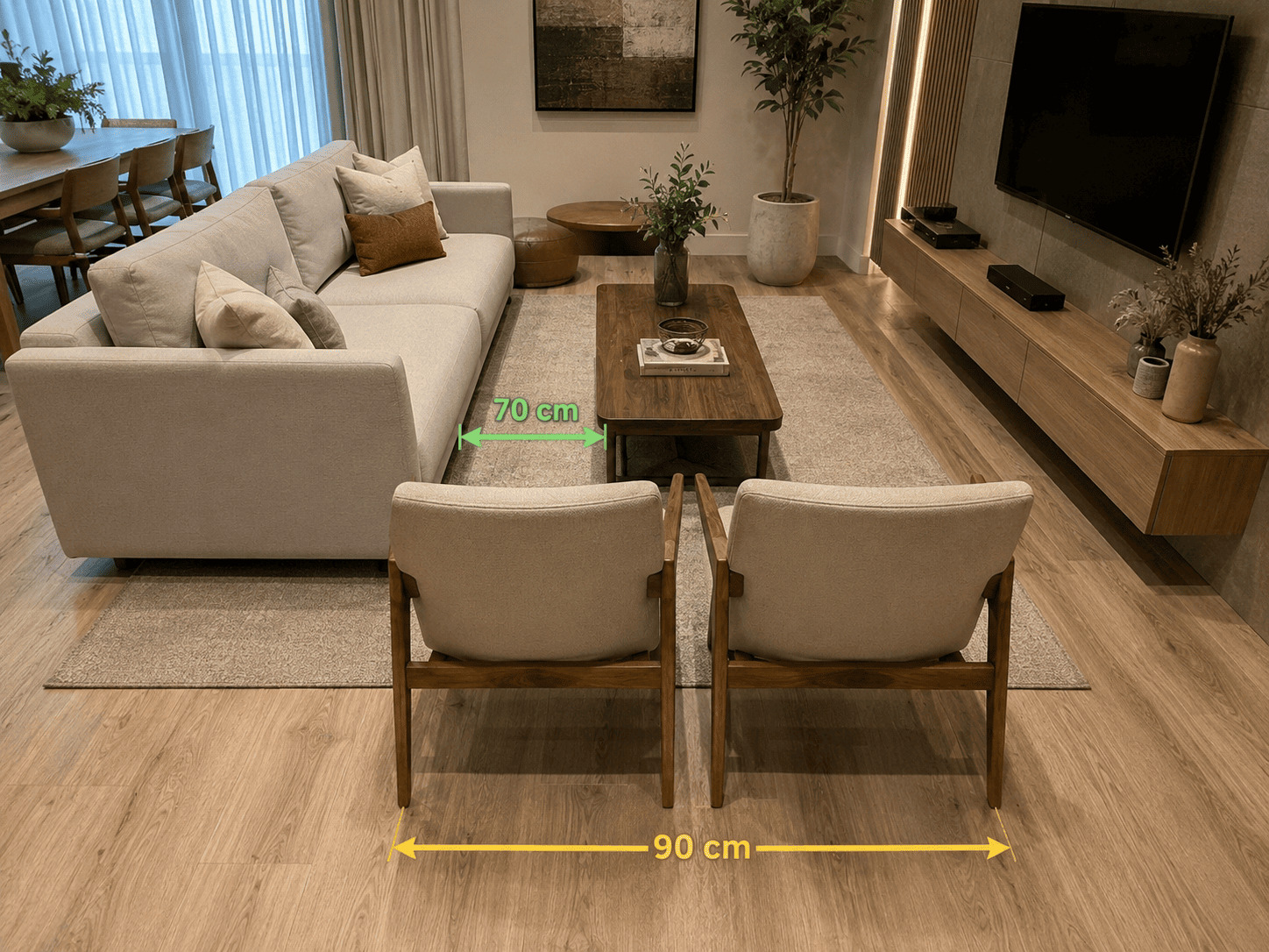Sala de estar planejada com espaço livre entre sofá e cadeiras para facilitar a circulação
