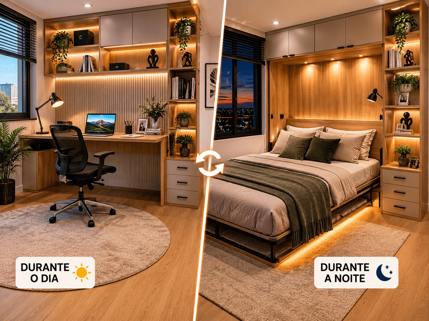 Quarto compacto multifuncional com área de descanso e espaço para home office