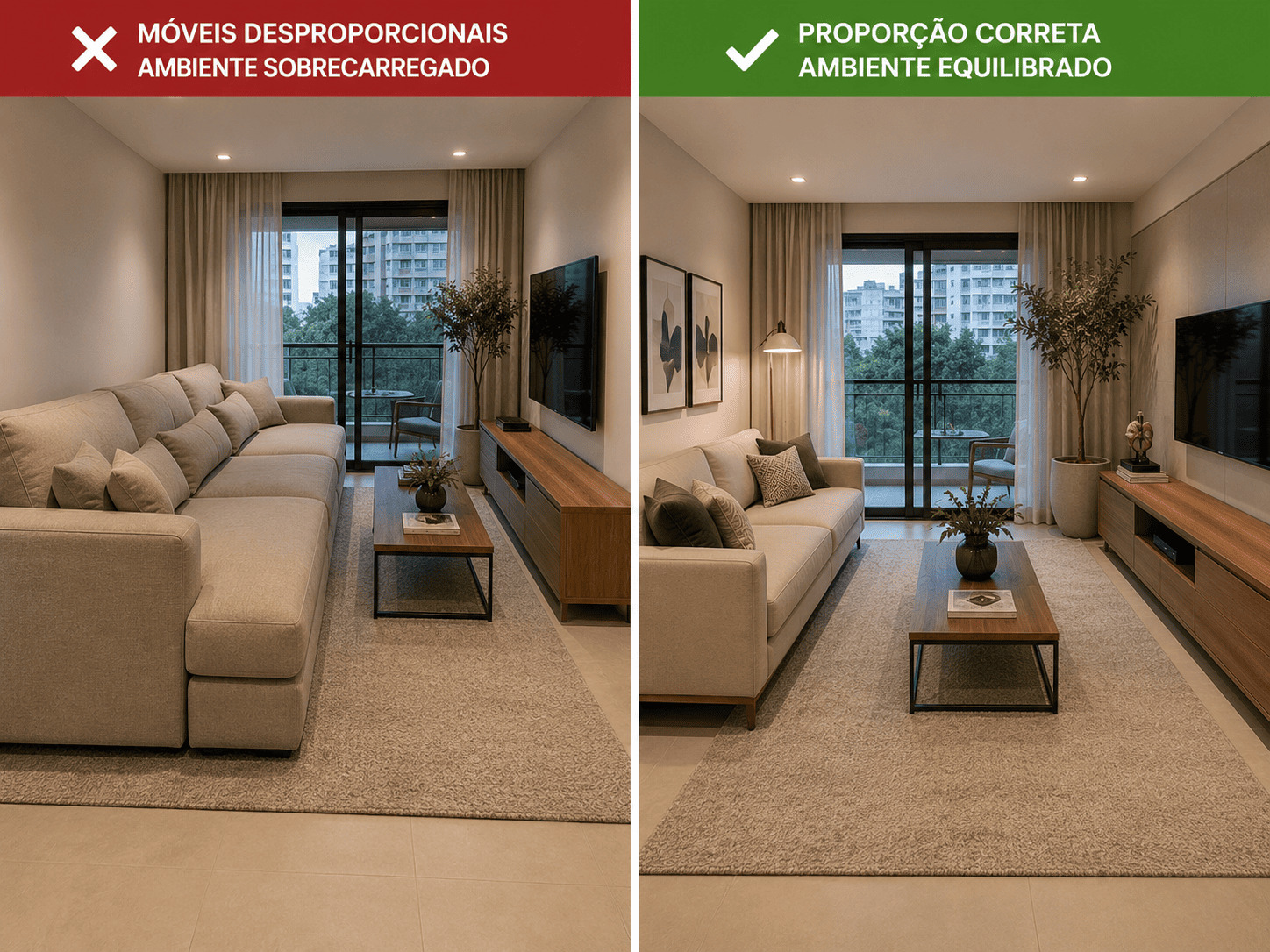 Sala com móveis proporcionais ao tamanho do ambiente