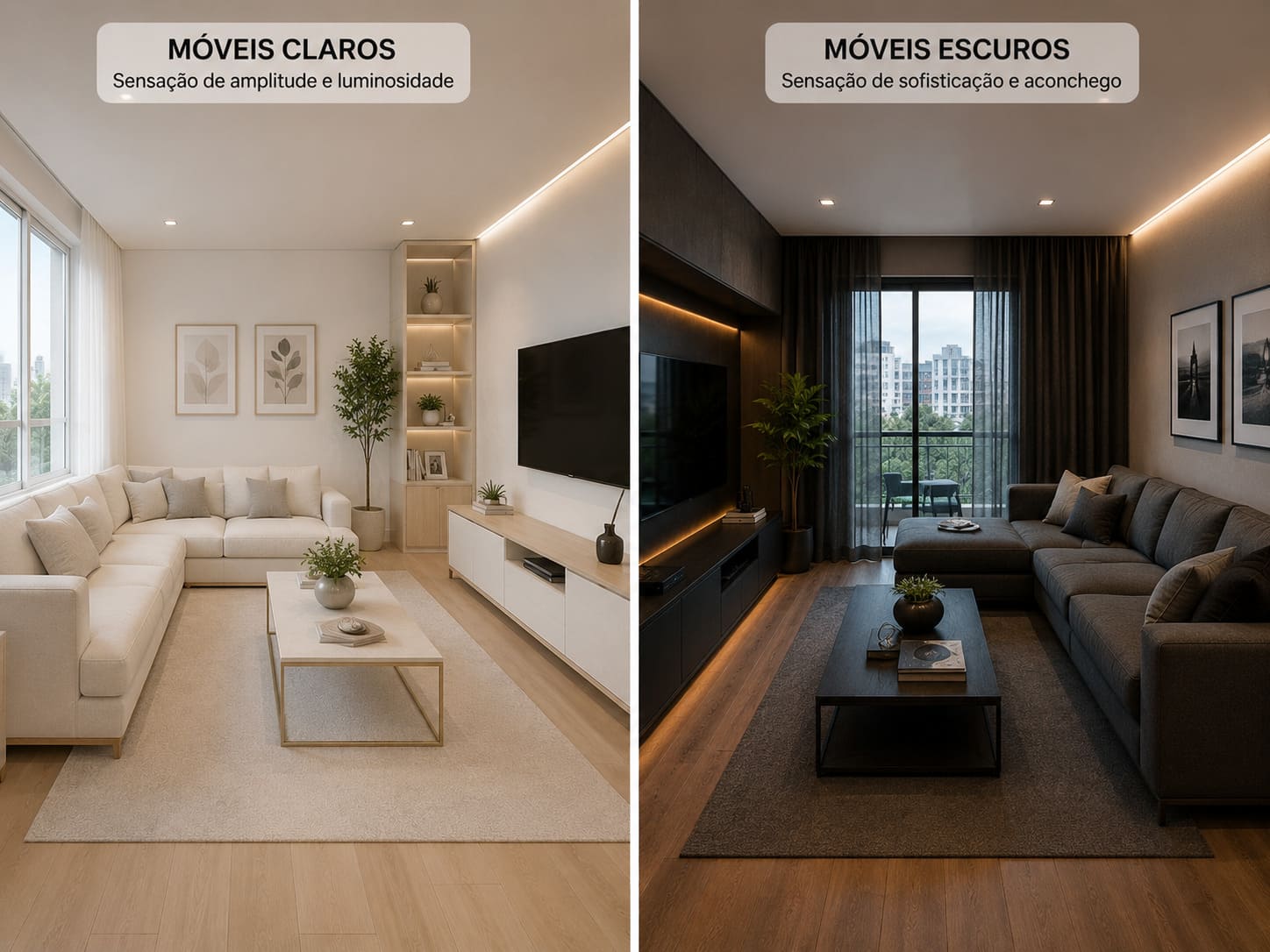 Ambientes com móveis claros e escuros mostrando diferentes efeitos visuais na decoração