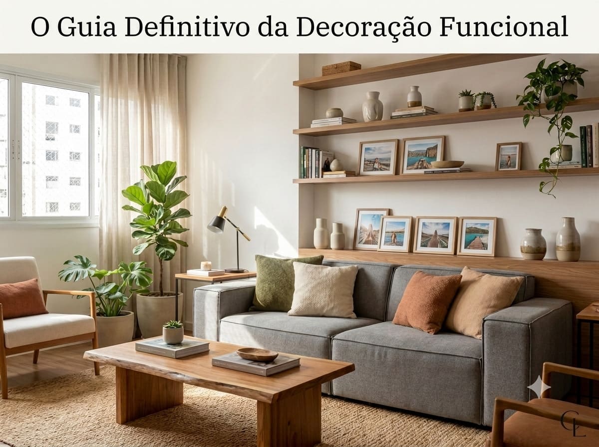 Sala de estar moderna decorada no estilo minimalismo caloroso com sofá cinza, mesa de centro de madeira maciça, plantas e iluminação aconchegante.