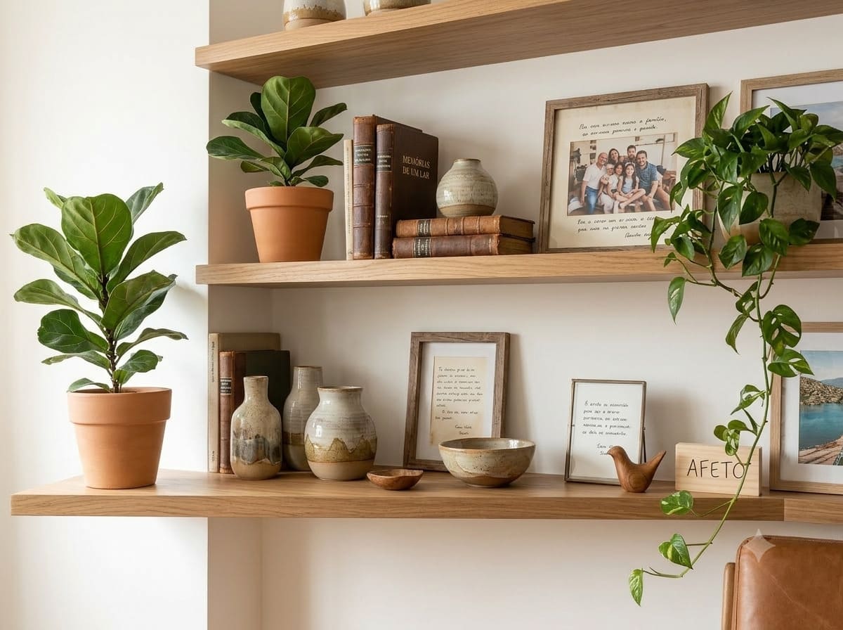 Detalhe em plano fechado de prateleiras de madeira decoradas com vasos de cerâmica artesanal, livros antigos, porta-retratos com fotos de família, pequenas plantas verdes e um bloco de madeira escrito afeto.