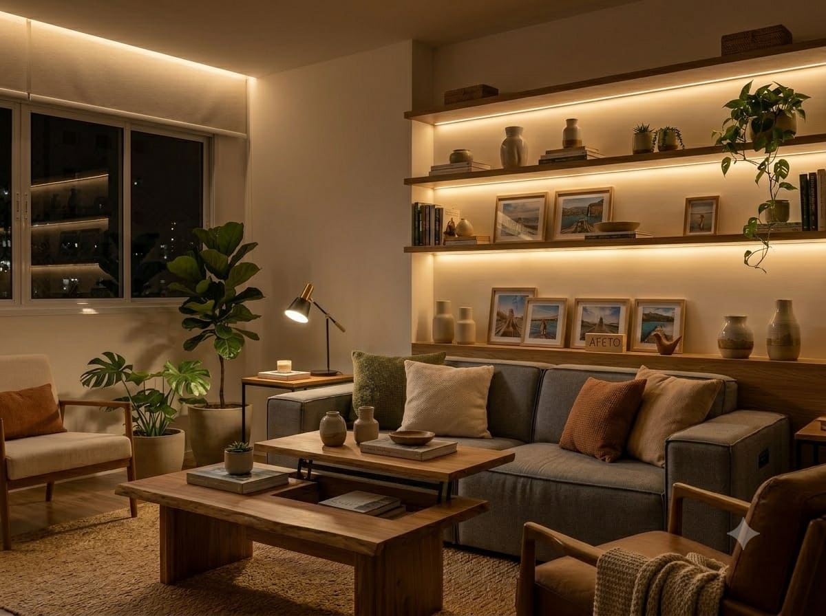 Sala de estar aconchegante à noite com iluminação indireta e calorosa feita por fitas de LED embutidas sob as prateleiras de madeira e no cortineiro, destacando o sofá cinza e a decoração.