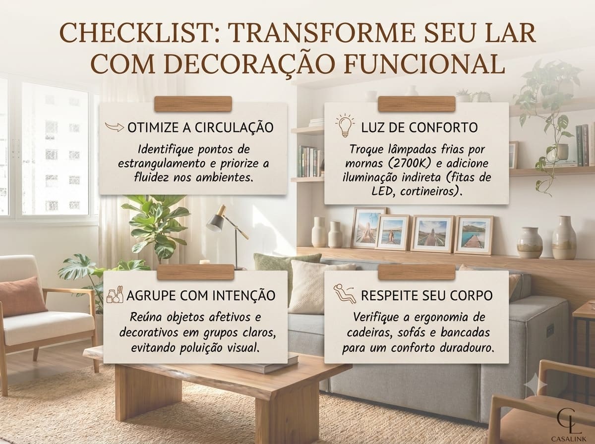 Infográfico em formato quatro por três com o título checklist transforme seu lar com decoração funcional, apresentando quatro blocos de dicas sobre otimizar a circulação, luz de conforto, agrupar com intenção e respeitar seu corpo, com uma sala de estar ao fundo.