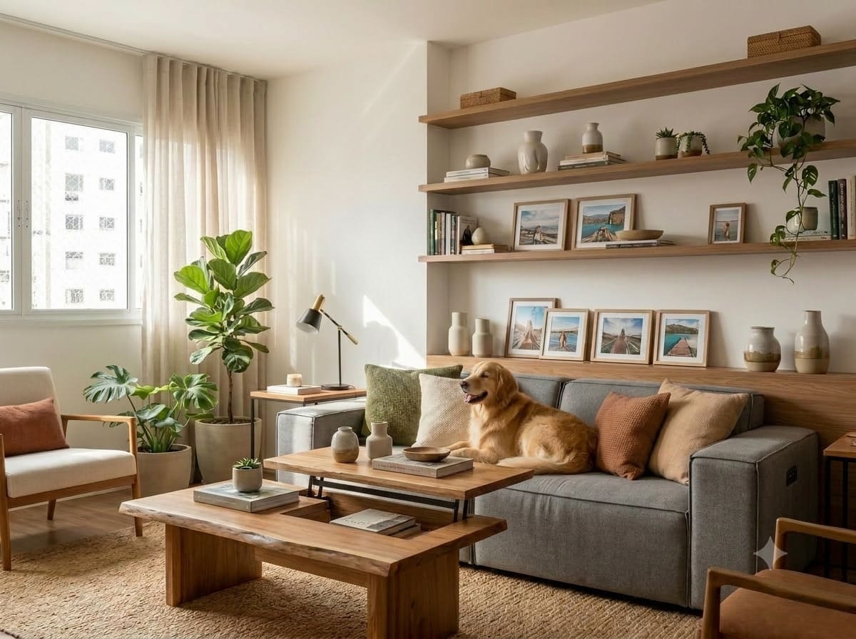 Sala de estar moderna e iluminada mostrando um cão da raça Golden Retriever deitado confortavelmente em um sofá cinza de tecido tecnológico, ao lado de uma mesa de centro funcional de madeira com tampo elevatório.