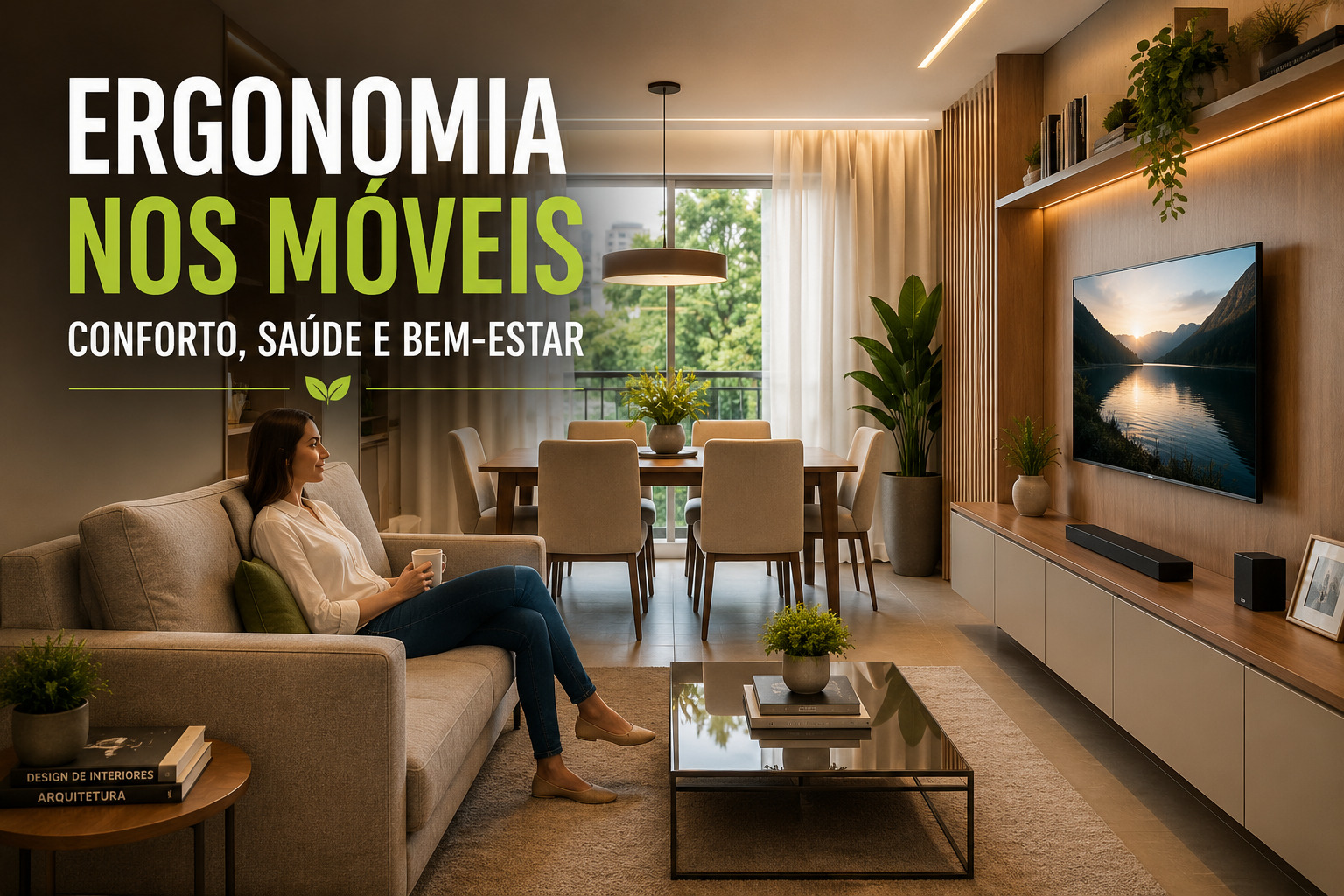 Sala e cozinha integradas com móveis planejados e televisão