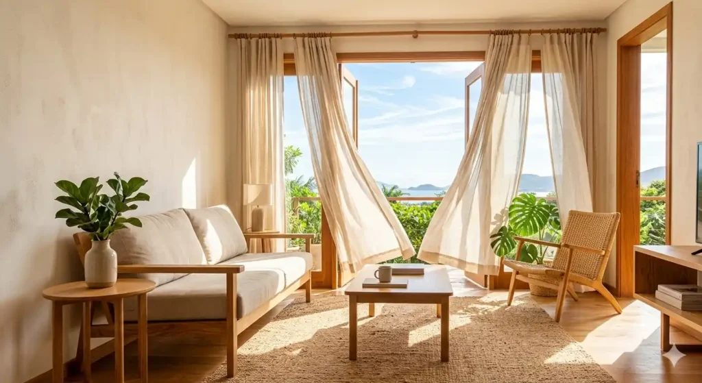 Sala de estar minimalista com janelas grandes abertas, cortinas de linho ao vento e móveis de madeira iluminados pelo sol, destacando a circulação de ar para evitar umidade. Como Remover mofo. 
