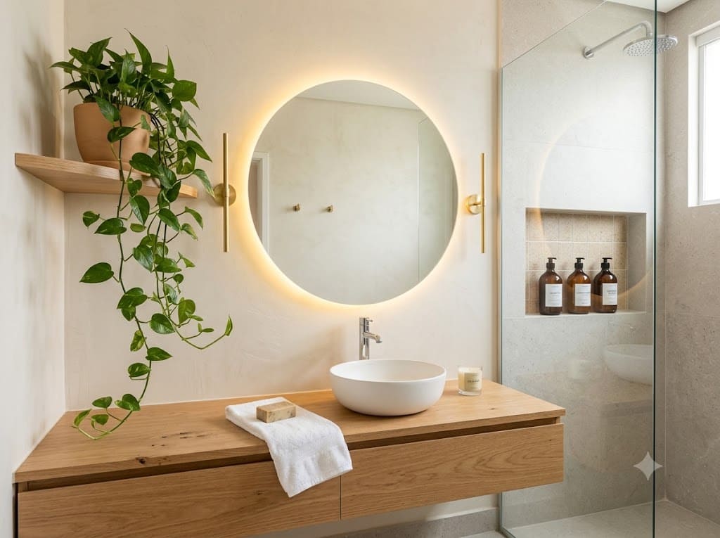 Um banheiro minimalista projetado como um mini spa. Um grande espelho redondo com retroiluminação LED quente e suave pende sobre um toucador de madeira. Uma planta pothos verde exuberante drapeja lindamente a partir de uma prateleira de canto. Dentro da zona de duche, um nicho de parede embutido contém arrumadamente frascos de vidro âmbar elegantes com rótulos brancos mínimos. Vibração relaxante e limpa.