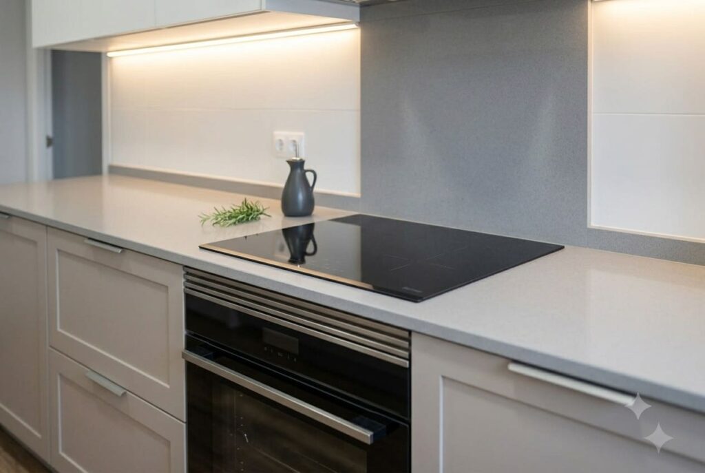 Foto em plano fechado da área de cocção de uma cozinha moderna e planejada. Mostra um cooktop de indução preto de vidro integrado à bancada cinza de quartzo, com um forno elétrico embutido logo abaixo nos armários de tom fendi, criando um visual contínuo e organizado.