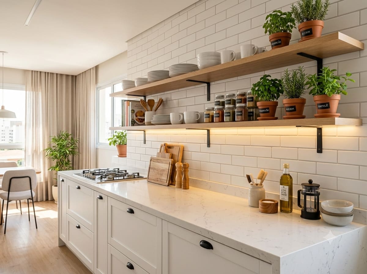 Cozinha contemporânea com bancada clara, prateleiras abertas, iluminação LED e organização de louças e temperos