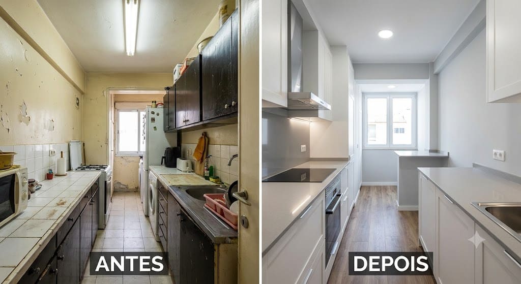 Montagem mostrando o antes e depois de uma cozinha corredor pequena. Do lado esquerdo, o antes com armários escuros antigos e pintura descascada. Do lado direito, o depois com marcenaria branca e fendi planejada, cooktop embutido e piso de madeira.