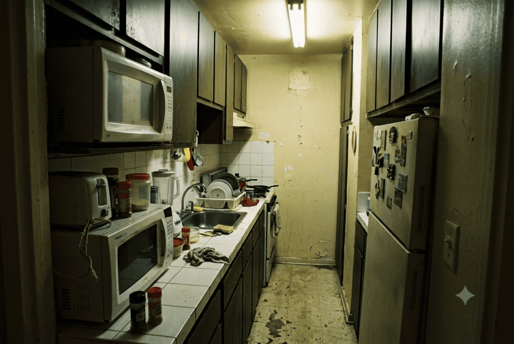 Foto de uma cozinha corredor pequena e antiga, com armários escuros de madeira, eletrodomésticos acumulados sobre a bancada estreita de azulejos e iluminação precária.