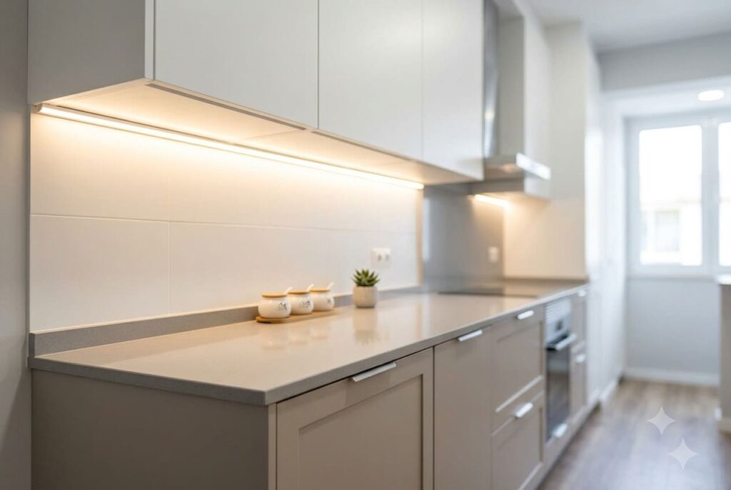Foto em plano detalhe focado na bancada de uma cozinha planejada. Mostra os armários inferiores em tom fendi, a bancada cinza claro com pequenos potes organizadores e uma fita de LED acesa embutida sob os armários aéreos brancos, criando uma iluminação funcional e aconchegante.