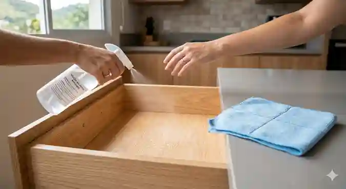 Mão segurando um borrifador e aplicando uma névoa de solução de limpeza dentro de uma gaveta de madeira aberta, com um pano de microfibra azul dobrado ao lado.