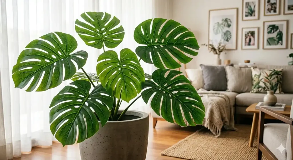 Planta artificial Costela-de-Adão em destaque dentro de um vaso decorativo texturizado na cor cinza. Suas folhas largas e verdes brilhantes estão em primeiro plano, com uma sala de estar decorada em tons neutros ao fundo.