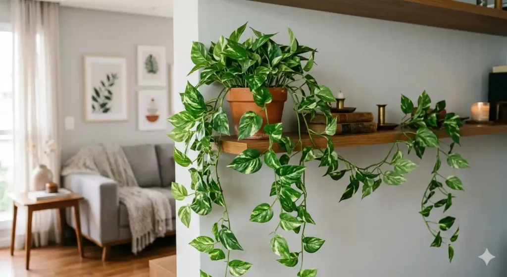 Planta artificial Jibóia em um vaso de barro sobre uma prateleira de madeira flutuante. Seus galhos com folhas verdes em formato de coração caem elegantemente, com uma sala de estar aconchegante ao fundo de forma desfocada.