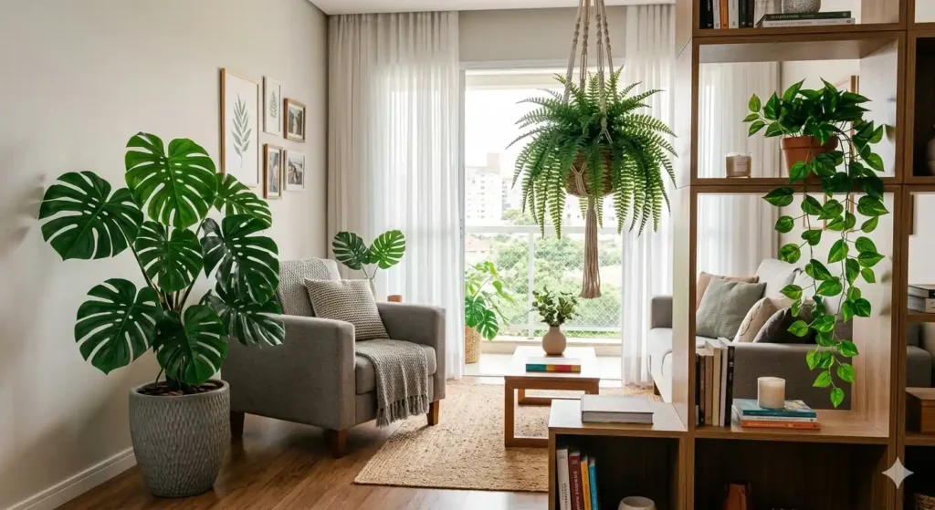 Sala de estar moderna e iluminada, decorada com três plantas artificiais proeminentes: uma Costela-de-Adão em vaso cinza no chão, uma Samambaia suspensa sobre a mesa de centro e uma Jibóia em uma prateleira de madeira.