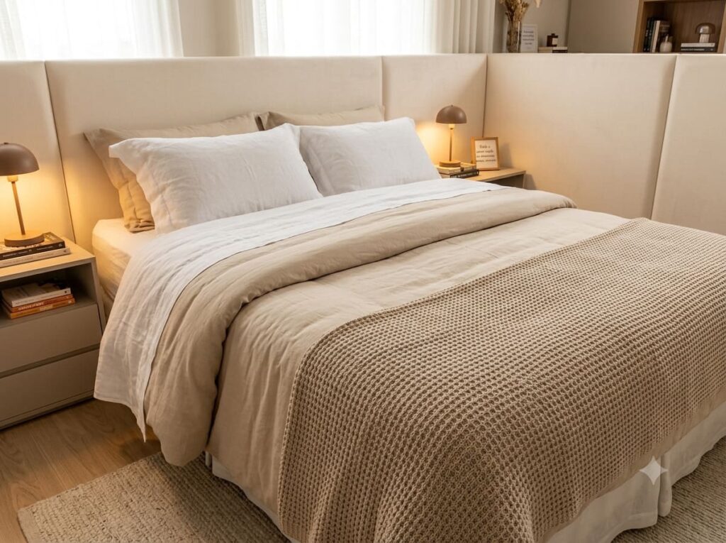 Um quarto de casal aconchegante e luxuoso que convida ao relaxamento. Uma cama grande está arrumada com ricas camadas texturizadas: lençóis de linho branco nítido, um edredom bege macio dobrado para baixo e uma manta de tricô waffle aos pés. Uma cabeceira estofada do chão ao teto em tecido creme macio. Iluminação de cabeceira quente e fraca cria uma atmosfera de santuário.