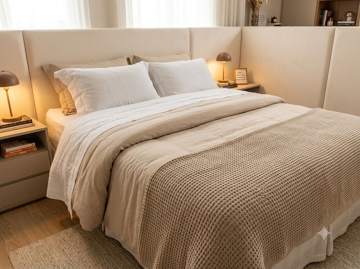 Quarto de casal aconchegante com cama revestida de tecidos claros, cabeceira estofada, iluminação suave e composição acolhedora