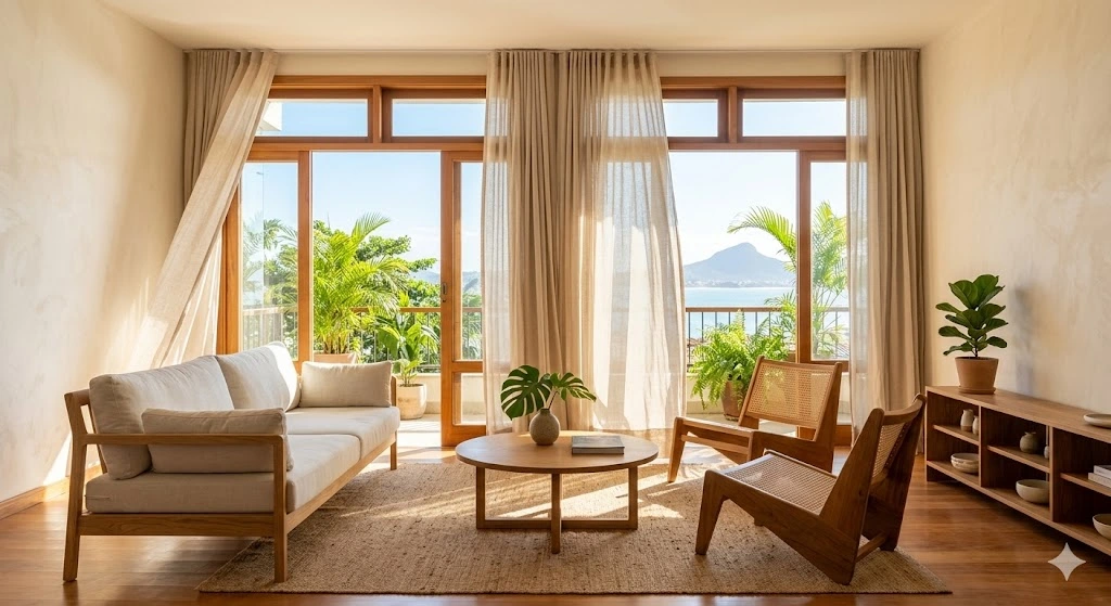 Sala de estar moderna com decoração minimalista, sofás e poltronas de madeira, janelas amplas abertas com cortinas claras e luz solar abundante iluminando o ambiente.