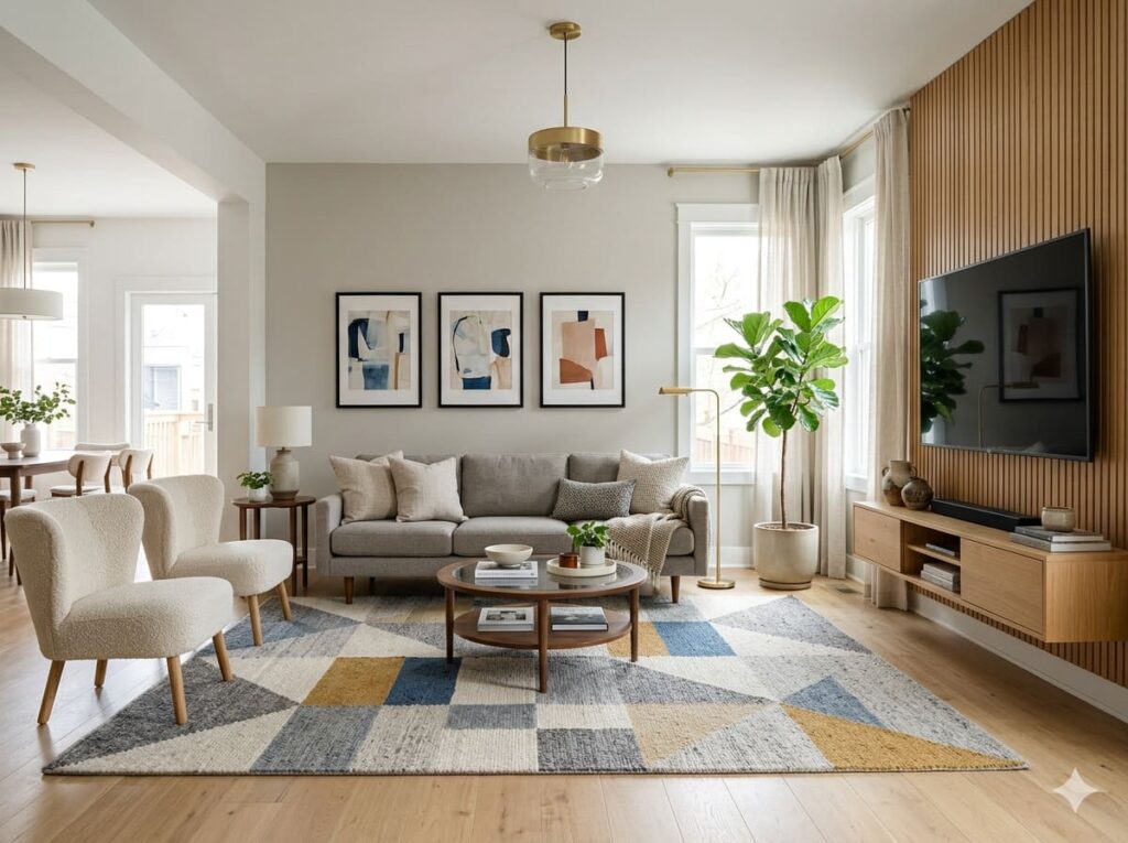Sala de estar moderna e luminosa com sofá cinza, poltronas de destaque, tapete geométrico, painel de TV em madeira e galeria de arte.