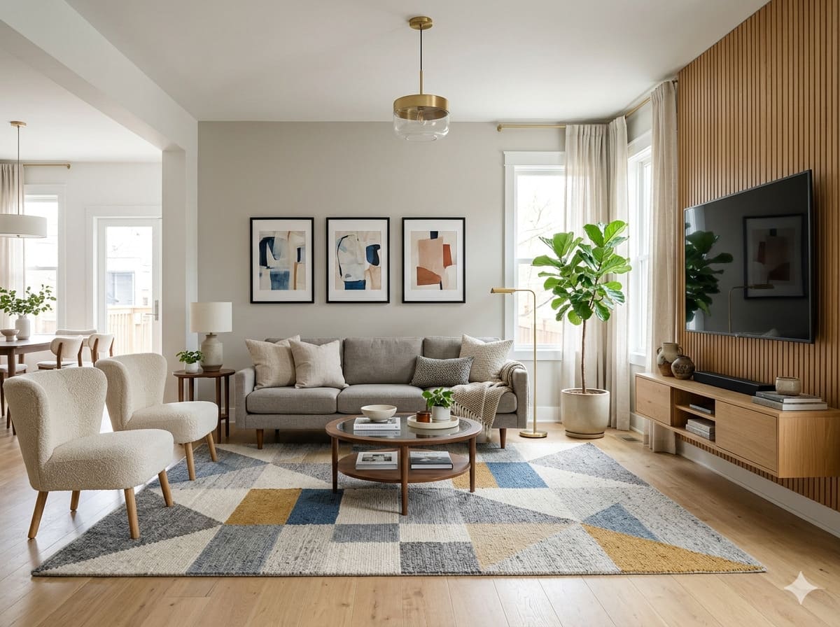 Sala de estar moderna com sofá cinza, poltronas, tapete grande, painel de TV em madeira e composição decorativa harmoniosa