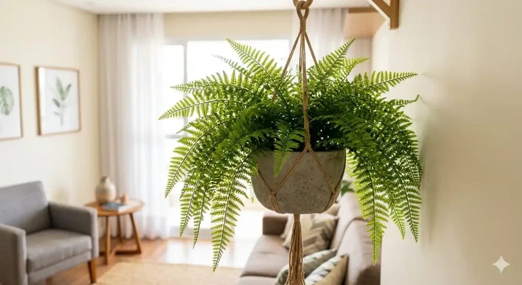 Planta artificial Samambaia com folhagem volumosa em destaque, acomodada em um vaso cinza suspenso por um suporte de macramê trançado. Ao fundo, uma sala de estar aconchegante com sofá e poltrona aparece de forma desfocada.