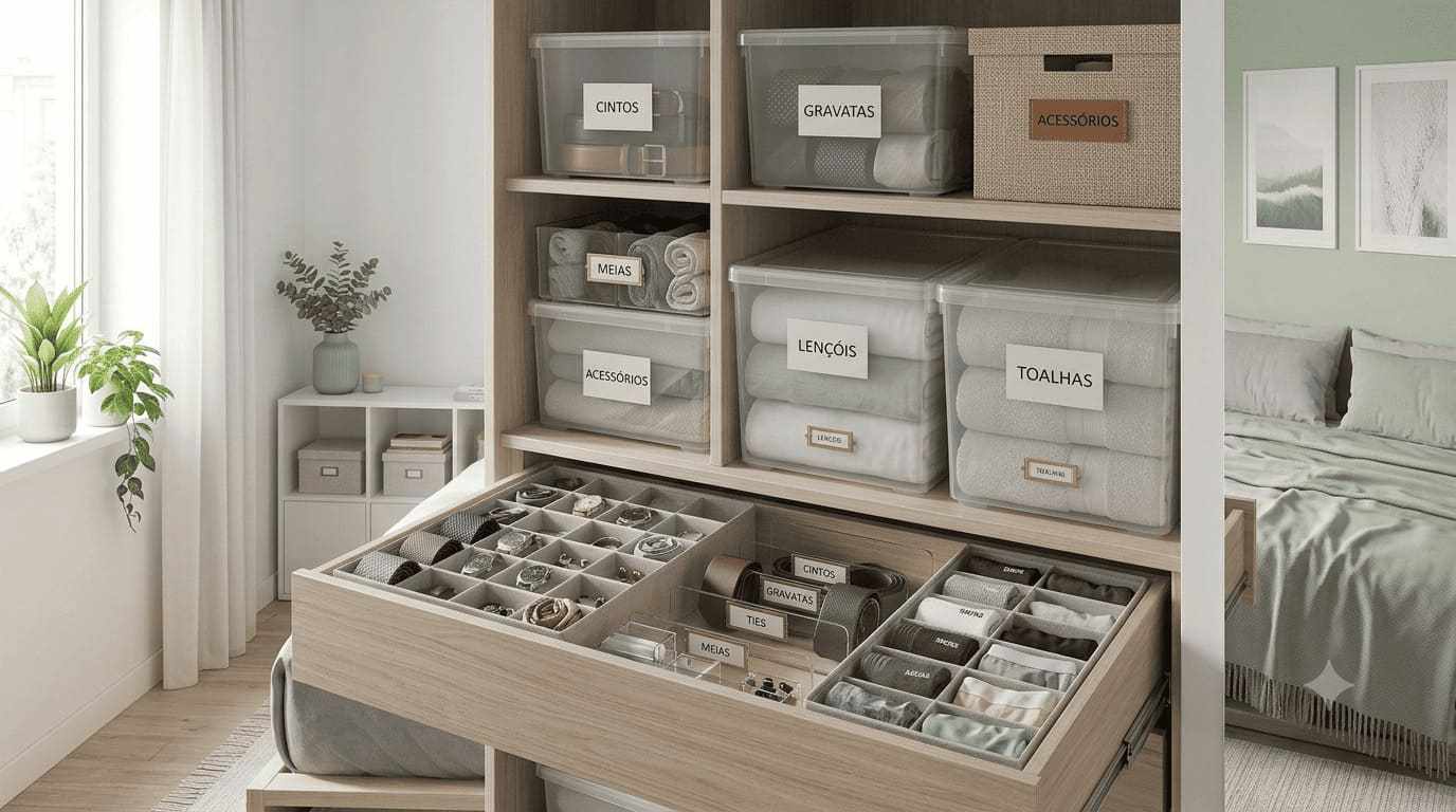 Gavetas e organizadores de armário para separar acessórios, meias, cintos, gravatas, roupas de cama e outros itens