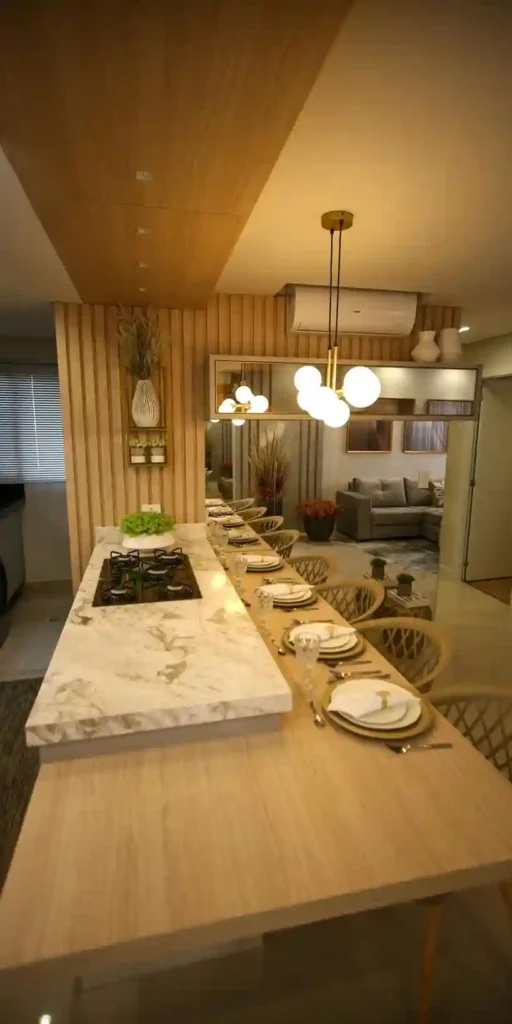 Sala com mesa de jantar cadeira e mesa alto padrão para cozinhas 