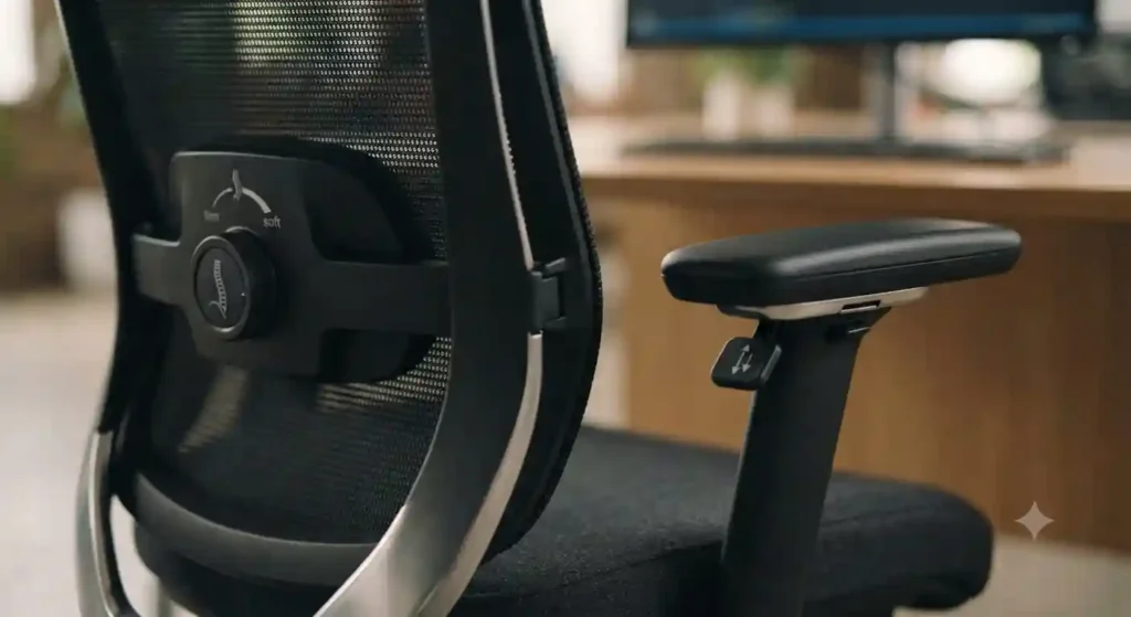 Close detalhado demonstrando os ajustes ergonômicos de uma cadeira de escritório premium, evidenciando o apoio para braços e a regulagem lombar.
