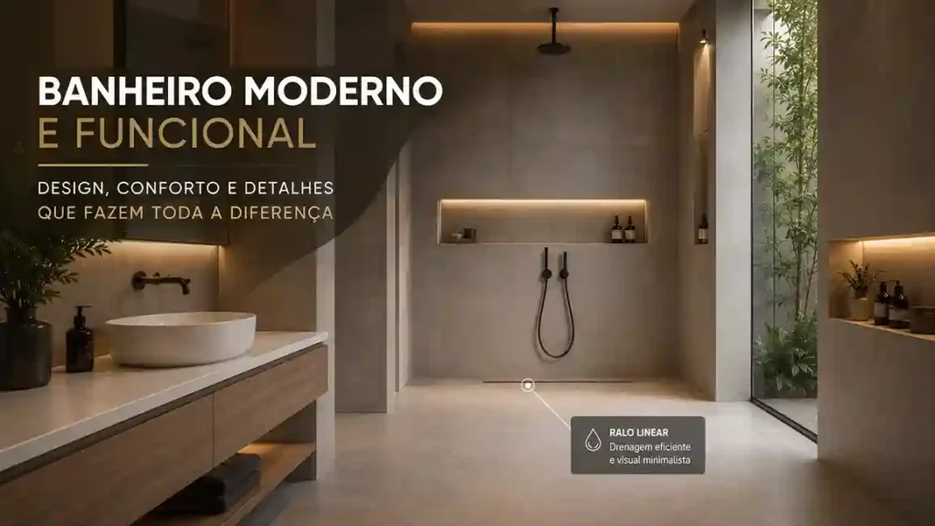 Banheiro moderno de luxo com box walk-in, ralo linear embutido, porcelanato de grande formato e iluminação LED indireta em estilo minimalista.