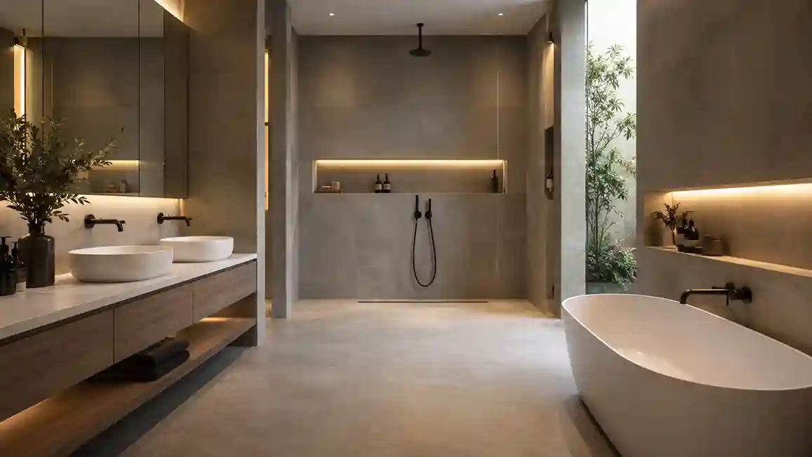 Banheiro moderno de luxo com walk-in shower, porcelanato de grande formato, iluminação LED indireta e design minimalista sofisticado.