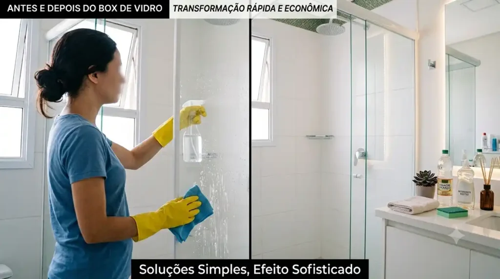 Banheiro renovado com box transparente e placas adesivas decorativas