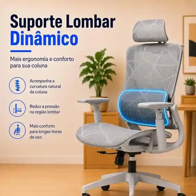 Cadeira de escritório ergonômica cinza com encosto em tela mesh, destacando visualmente o suporte lombar dinâmico que acompanha a curvatura natural da coluna.