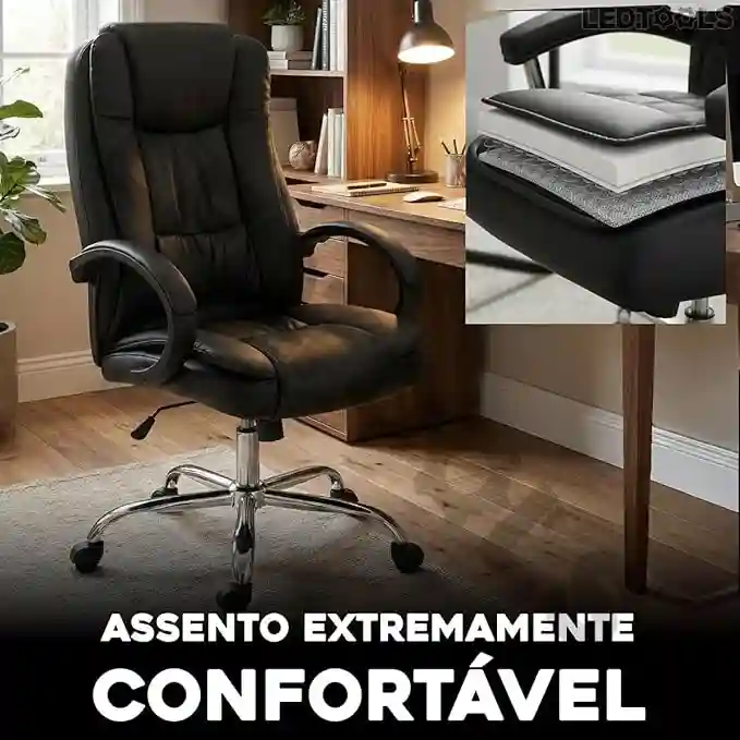 Cadeira de escritório preta com destaque em detalhe superior mostrando o corte transversal do assento com múltiplas camadas de espuma de alta densidade.