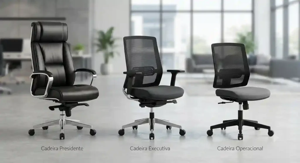 Comparativo visual organizado exibindo lado a lado diferentes tipos de cadeiras de escritório (Presidente, Executiva e Operacional) em um ambiente corporativo.