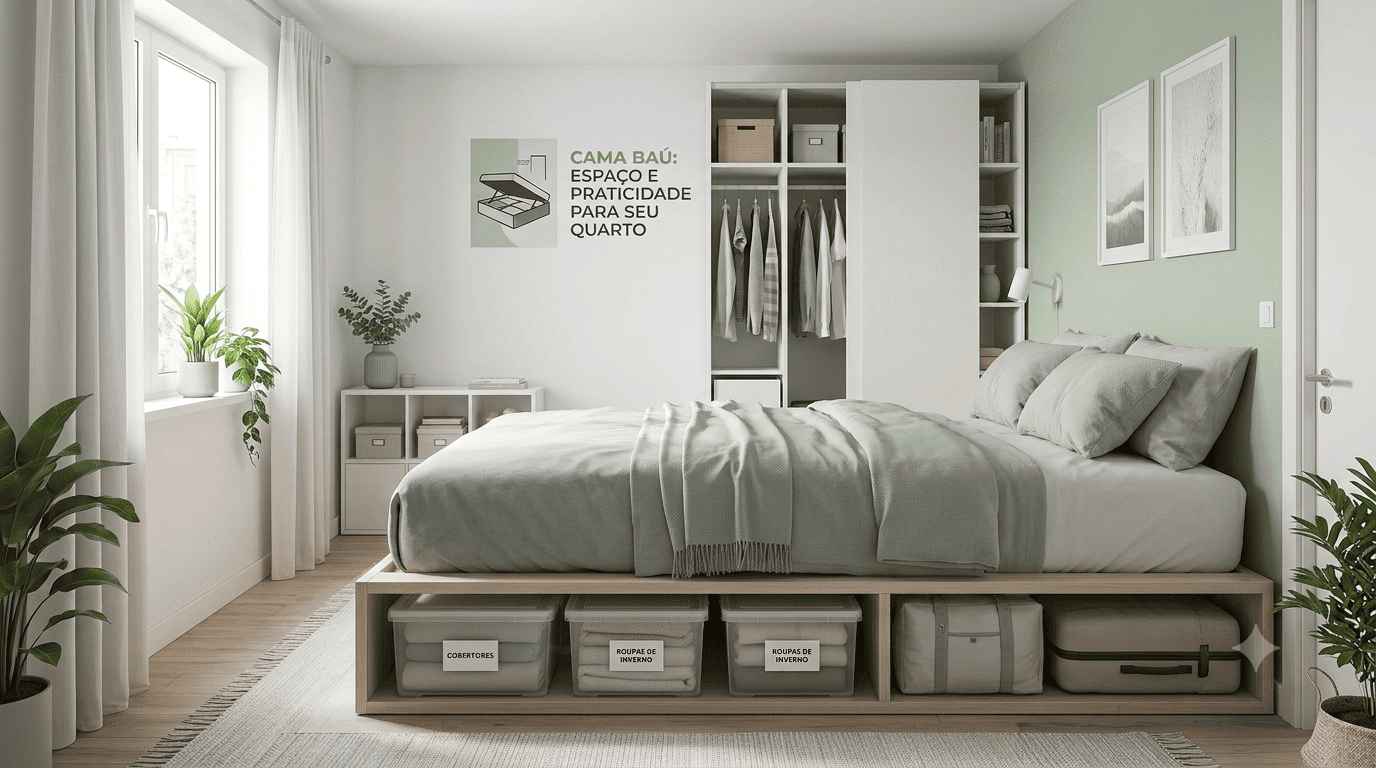 Cama baú em quarto pequeno com compartimentos para guardar roupas de cama e objetos