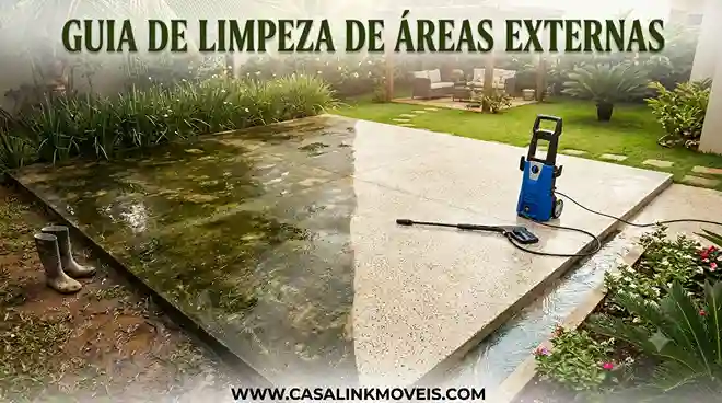 Área externa com piso de cimento dividido entre uma parte com lodo verde e outra limpa por lavadora de alta pressão azul.