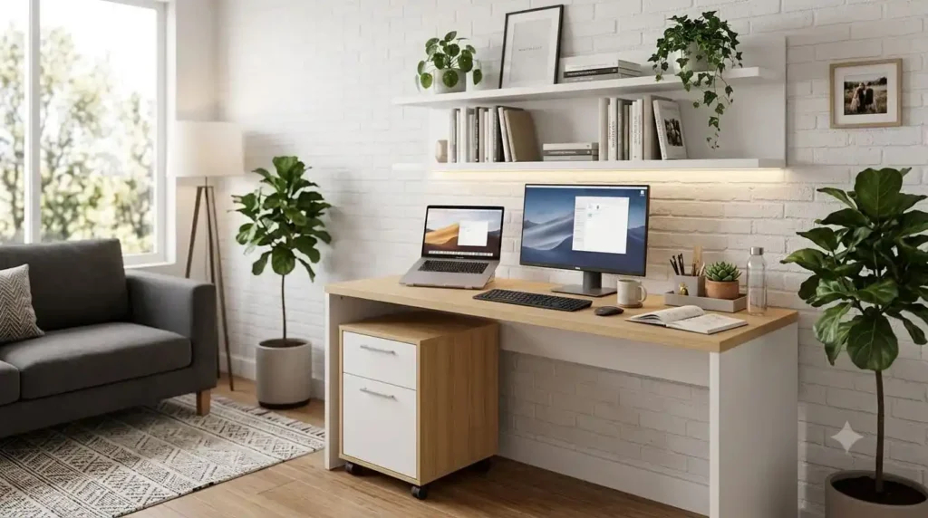 Um home office funcional e organizado montado em um canto compacto da sala de estar, integrado ao ambiente principal. A área de trabalho possui uma mesa de madeira clara com um notebook, monitor secundário e teclado, sobre um tapete geométrico. Na parede de tijolos brancos, prateleiras flutuantes com luz LED embutida exibem livros e plantas. Um sofá cinza e uma janela com luz natural estão visíveis ao fundo, demonstrando a integração inteligente do espaço de trabalho no lar.