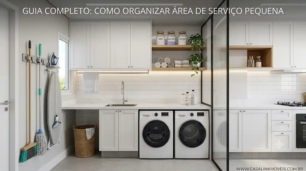 Uma área de serviço pequena de apartamento perfeitamente organizada, com armários brancos sob medida, bancada de quartzo sobre máquina Lava e Seca, prateleiras de madeira com potes padronizados e um varal de teto retrátil. No topo, o título 'GUIA COMPLETO: COMO ORGANIZAR ÁREA DE SERVIÇO PEQUENA'. No rodapé, o URL WWW.CASALINKMOVEIS.COM.BR.