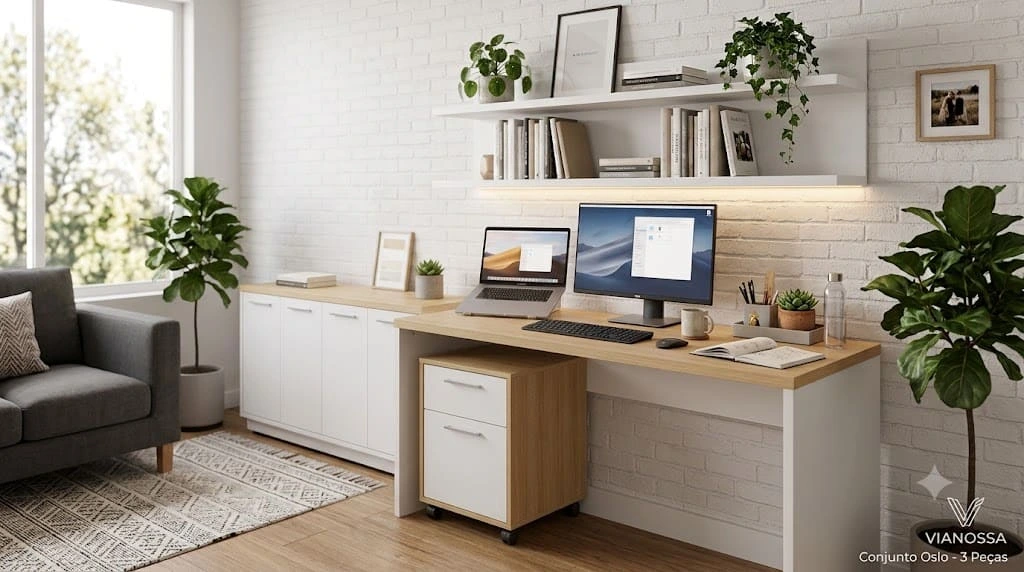 Vista completa do Conjunto de Escritório VIANOSSA Oslo com 3 peças ambientado em uma sala de estar. O conjunto de móveis em MDP e MDF com tons amadeirados leves e branco é composto por uma mesa ampla com notebook e monitor, um gaveteiro compacto com rodízios posicionado embaixo da bancada e um balcão organizador de quatro portas ao fundo. O ambiente moderno demonstra como montar um home office funcional e sofisticado integrado à decoração residencial.