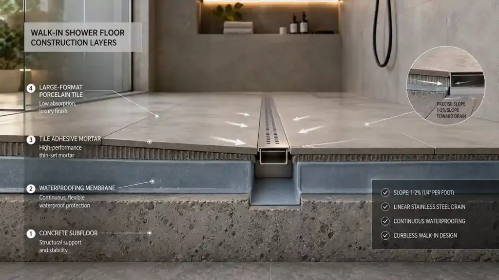 Ilustração em corte técnico de piso para box walk-in mostrando contrapiso, impermeabilização, argamassa, porcelanato de grande formato e ralo linear embutido.