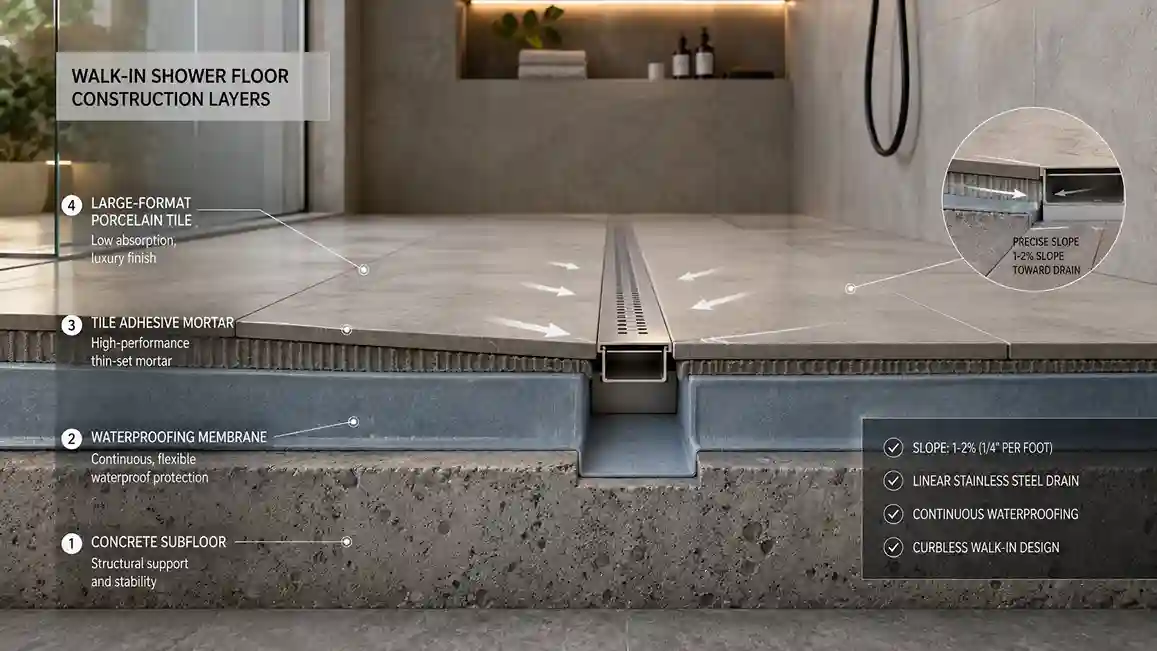 Ilustração em corte técnico de piso para box walk-in mostrando contrapiso, impermeabilização, argamassa, porcelanato de grande formato e ralo linear embutido.