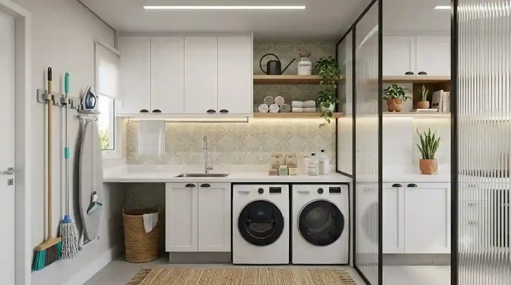 Uma lavanderia moderna e decorada com azulejos hidráulicos em tons de verde menta ao fundo. Possui armários planejados brancos com puxadores pretos modernos, prateleiras de madeira com plantas pendentes, fita de LED embutida iluminando a bancada e uma divisória de vidro canelado elegante.