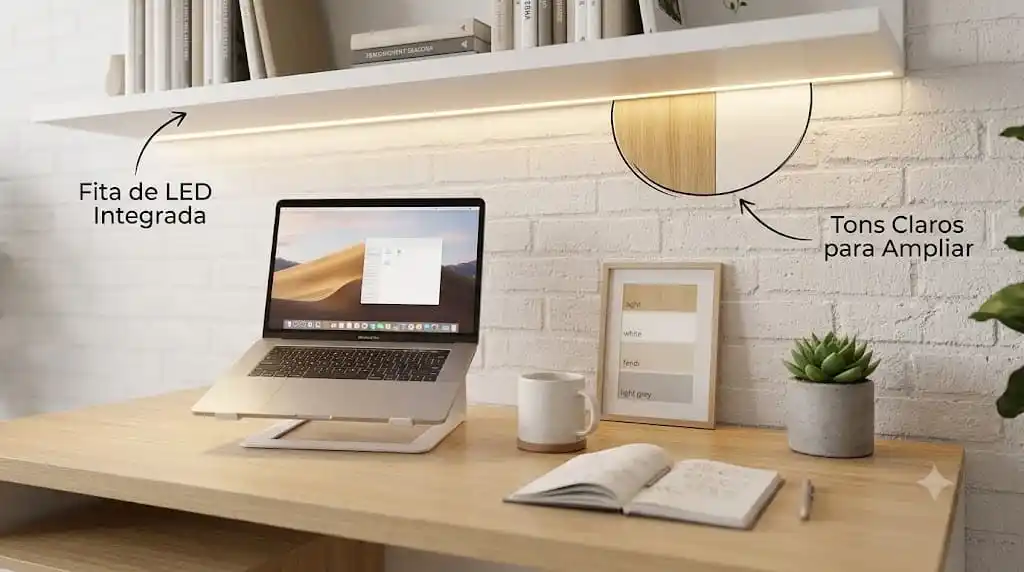 Um home office funcional e organizado montado em um canto compacto da sala de estar, integrado ao ambiente principal. A área de trabalho possui uma mesa de madeira clara com um notebook, monitor secundário e teclado, sobre um tapete geométrico. Na parede de tijolos brancos, prateleiras flutuantes com luz LED embutida exibem livros e plantas. Um sofá cinza e uma janela com luz natural estão visíveis ao fundo, demonstrando a integração inteligente do espaço de trabalho no lar.