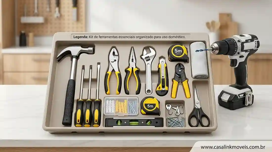 Kit de ferramentas essenciais para o lar organizado em uma maleta com martelo, alicate, chaves, trena e ferramentas elétricas