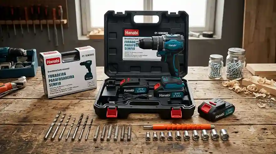 Kit completo da Furadeira Parafusadeira de Impacto Hanabi 21V com motor brushless, duas baterias, carregador, brocas e acessórios organizados em uma maleta preta sobre uma bancada de madeira de marcenaria.