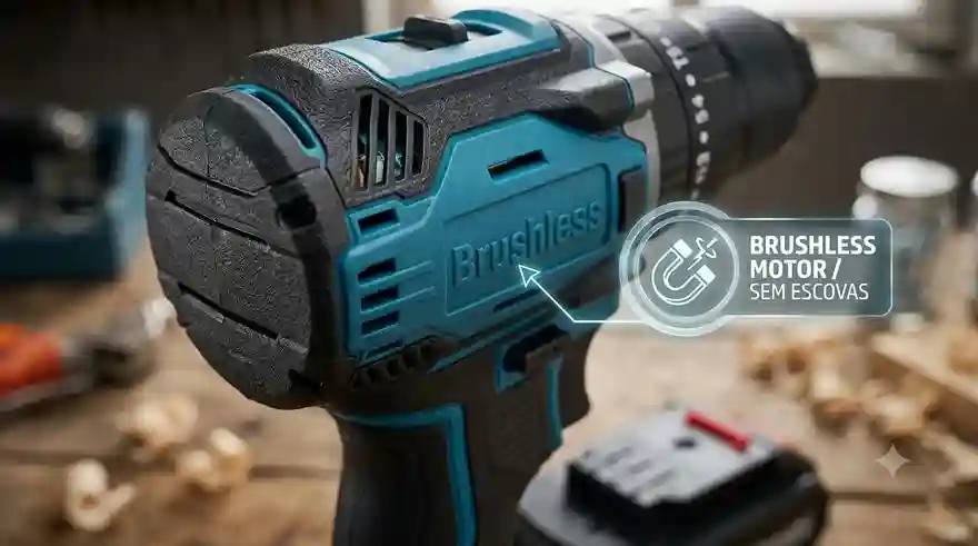 Detalhe da Furadeira Parafusadeira Hanabi 21V destacando o motor Brushless e as aberturas de ventilação