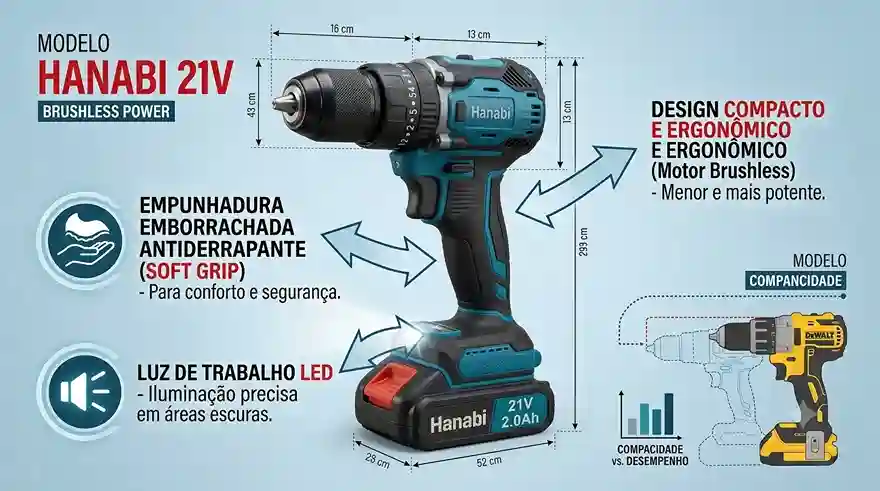 Infográfico simples e limpo com fundo azul claro, mostrando a Furadeira Impacto Hanabi 21V (modelo azul e preto) em destaque. Setas brancas e gráficos apontam para 'Dimensões Compactas' (com medidas de altura e comprimento), 'Empunhadura Emborrachada Antiderrapante' (Soft Grip) e 'Luz LED de Trabalho' na base, próximo à bateria 2.0Ah. No canto inferior, um pequeno gráfico compara o tamanho com um modelo DeWalt Genérico (Amarelo) para ilustrar a compacidade superior da Hanabi.