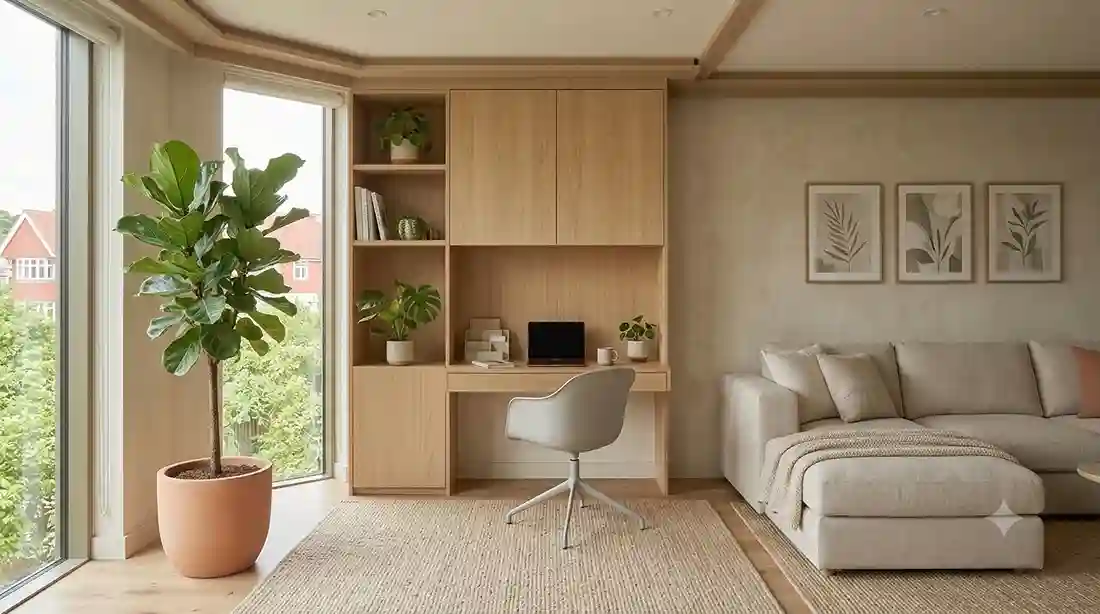 Home office integrado à sala com móveis modernos e espaço organizado para trabalho em casa